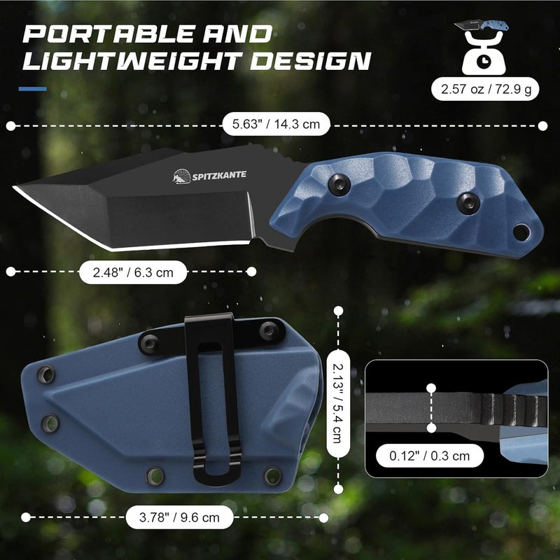 SPITZKANTE 3.07" Small Neck Knife X-TAN-K, Horizontal Carry Knife with Sheath and Necklace, Full Tang Tanto 5Cr14MoV Steel Blade, Blue ABS Handle - Image 5